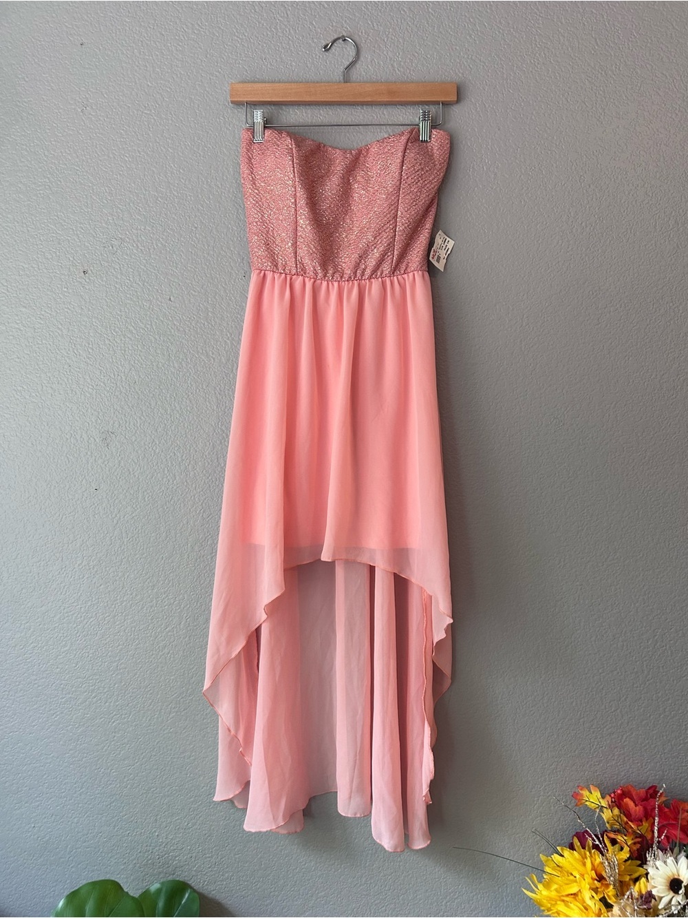Strapless Pink High-Low Chiffon Prom Summer Sparkle Dress Y2K